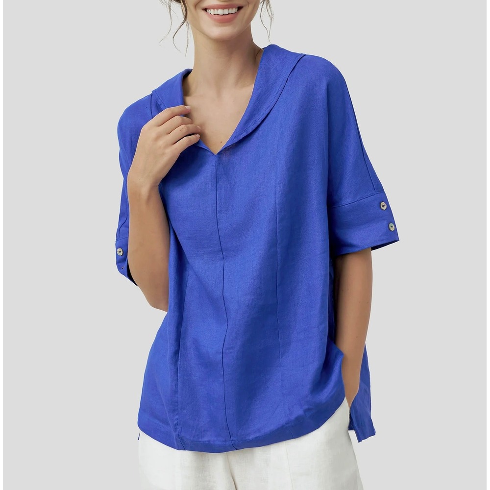 Lintico Linen Top V Neck Short Sleeve SIERRA Royal Blue Laguna Menta Large